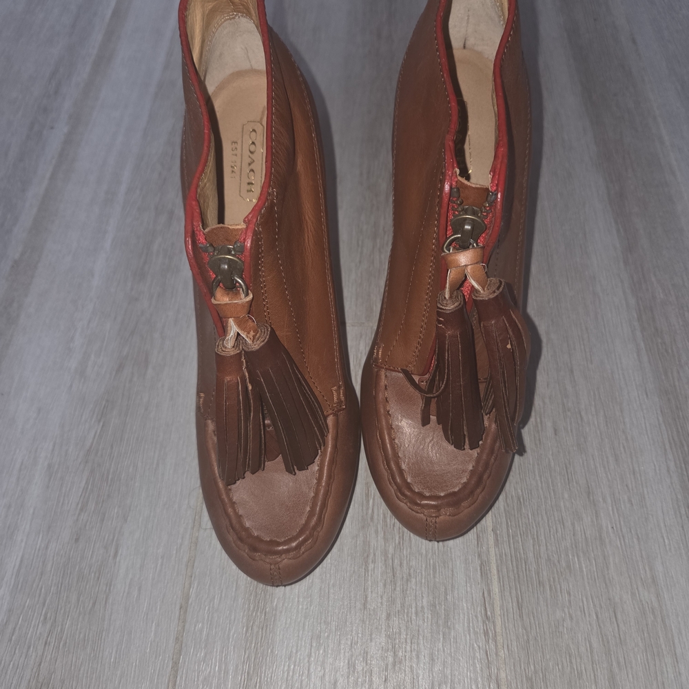 Coach Women's Tan and Red Leather Ankle Booties